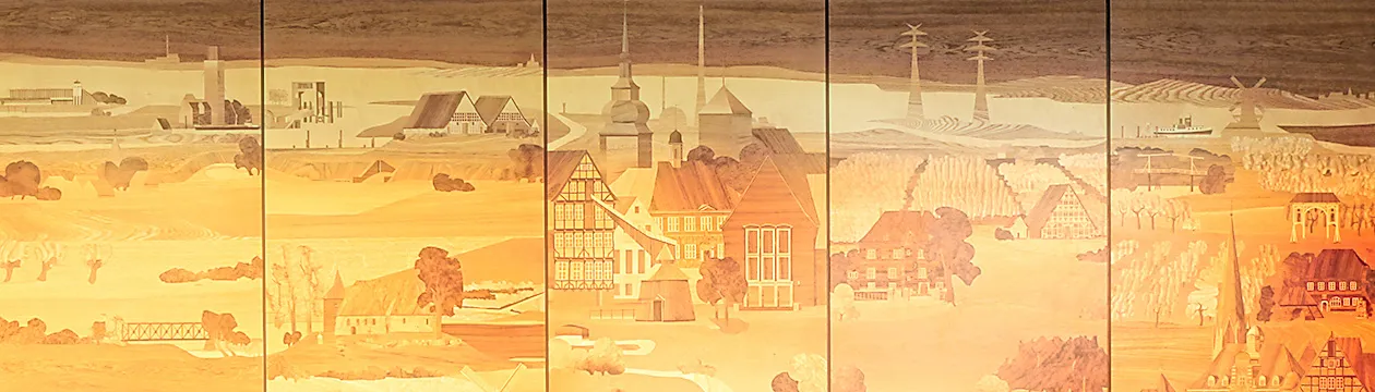Der Landkreis Stade als Intarsiendarstellung  im Foyer des Kreishauses (Hans Georg Müller, Worpswede, 1986)