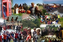 Zu sehen ist eine Fotocollage der Ferienfahrten im Landkreis Stase. Man sieht Kinder im Zeltlager Lille Bodskov, jungen Menschen die eine Ferienfahrt nach England machen sowie Jugendliche im Badeurlaub in Spanien.