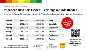 Veranstaltungsreihe - Infoabend rund ums Heizen Veranstaltungsreihe vom 17.02.2026-18.02.2026 zu Umgang mit Bestandsheizungen, Heizen mit Erneuerbaren Energien und Infos aus den Kommunen. Veranstaltungen werden in Kooperation mit der Klimawerkstatt im Landkreis Stade und den Kommunen. © Landkreis Stade